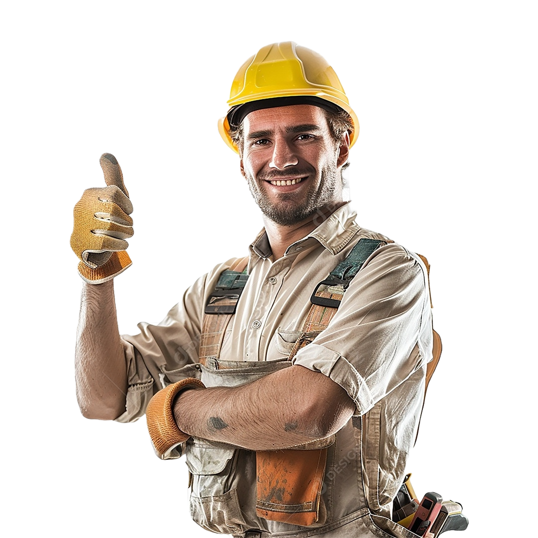 Profissional autônomo brasileiro sorrindo com capacete e roupa de trabalho