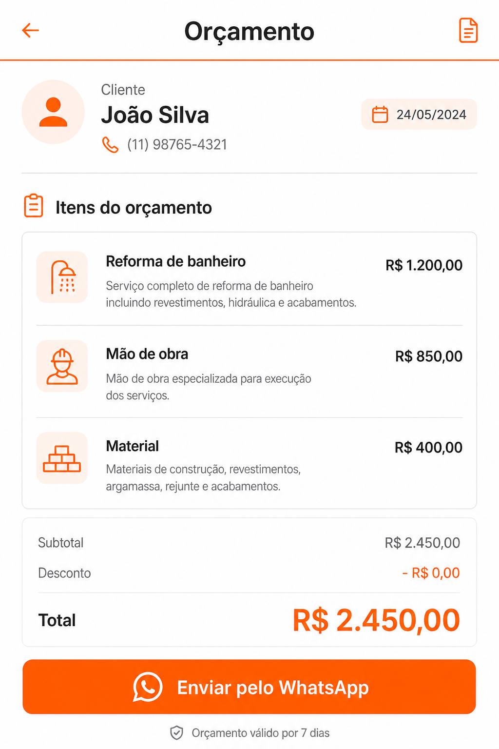 Tela do app Rápido Orçamento mostrando um orçamento profissional com itens, total e botão para enviar pelo WhatsApp